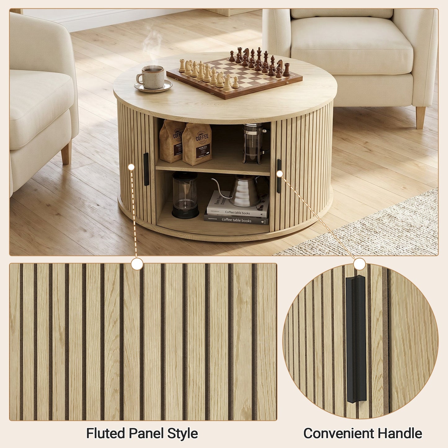 Advwin 80cm Round Coffee Table with Sliding Door & Storage