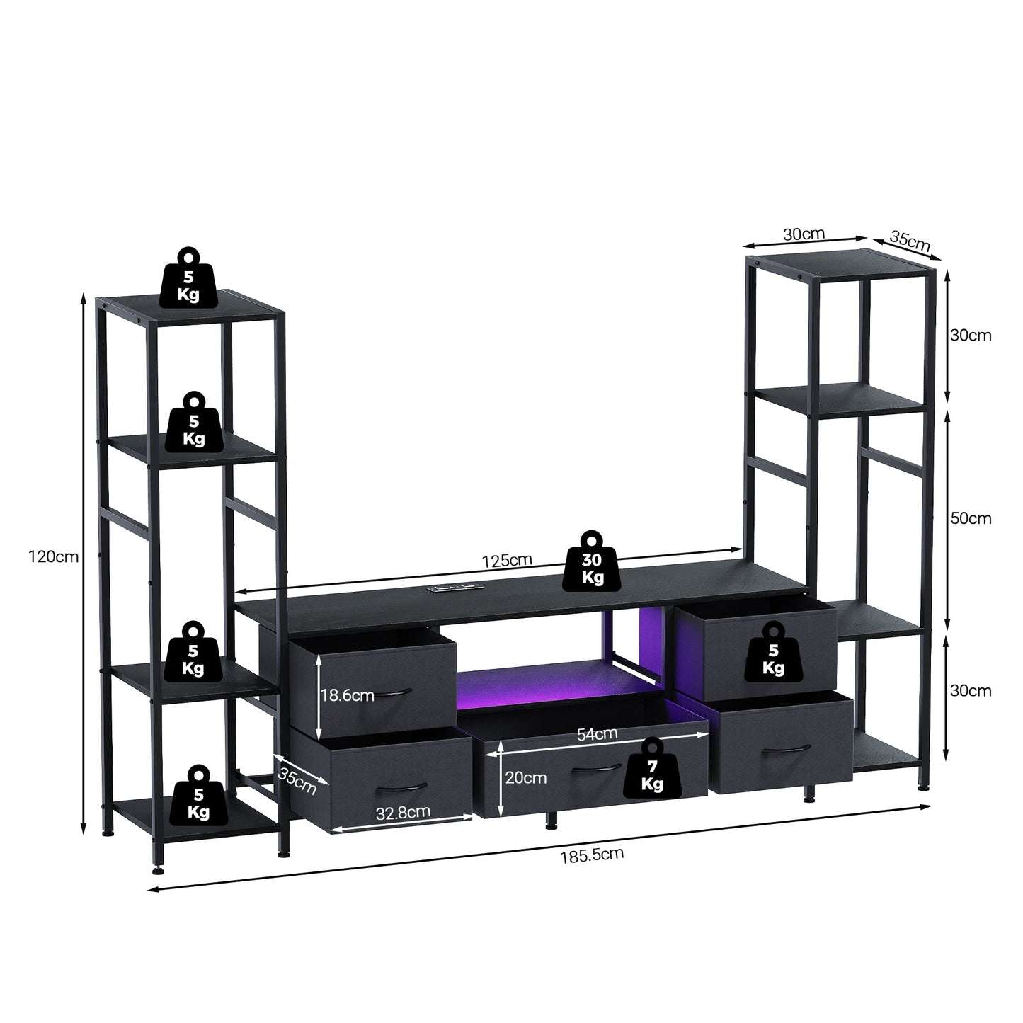 Advwin 185cm TV Stand with Bookshelf & LED Lights