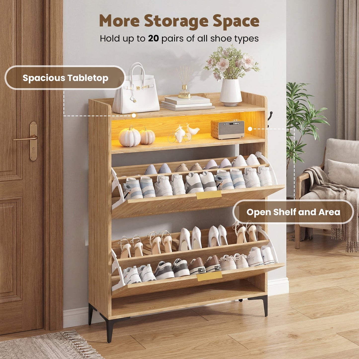 Advwin LED Shoe Storage Cabinet w/ Flip Drawers