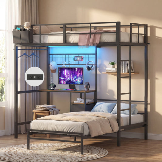Advwin L-Shaped Bunk Bed w/ Desk Charging Station