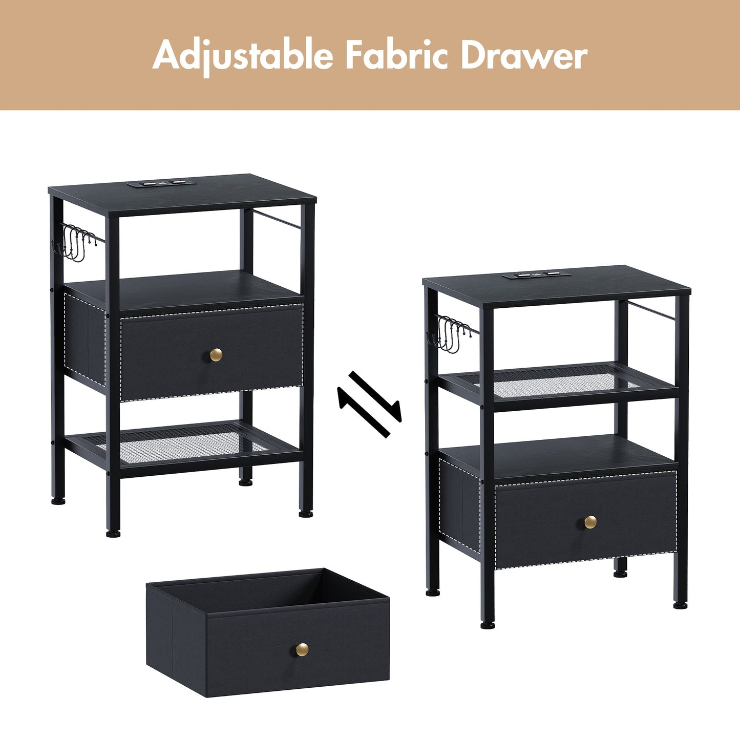 Advwin LED Bedside Tables with Fabric Drawer Set of 2