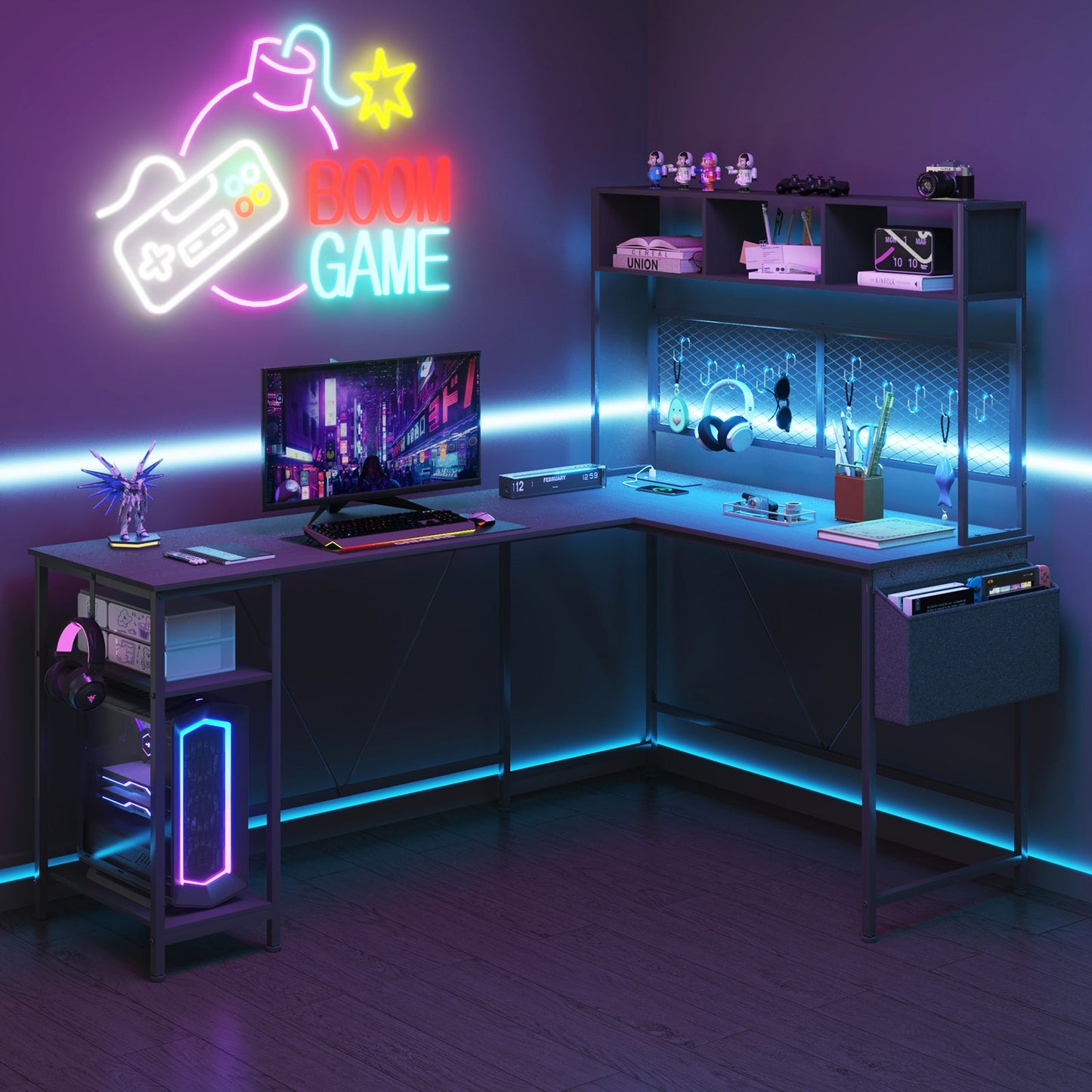 Advwin L Shaped Gaming Desk with LED Lights