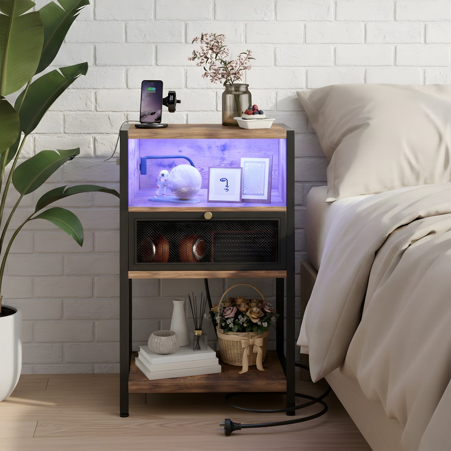 Advwin LED Bedside Table with Charging Station