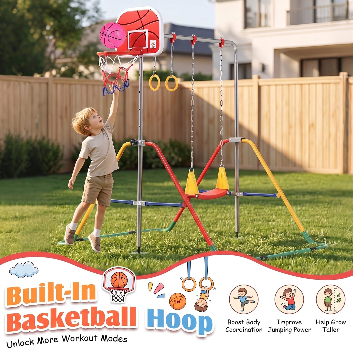 Advwin Kids Foldable Gymnastics Bar with Basketball Hoop & Swing