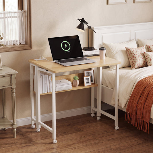 Advwin 80cm Folding Computer Desk w/ Charging Station & Shelf