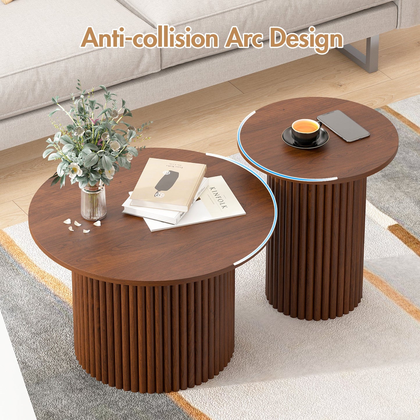 Advwin 2x Nesting Coffee Tables Fluted Walnut Round