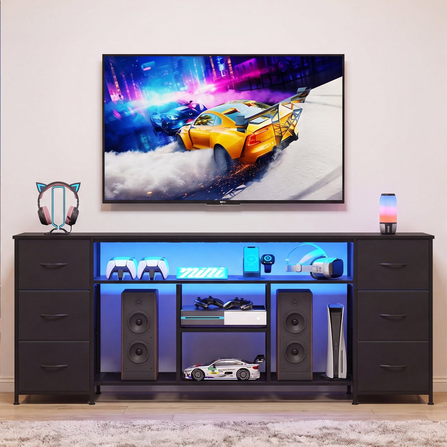 Advwin 160cm TV Unit Cabinet with 6 Drawers & Open Shelf