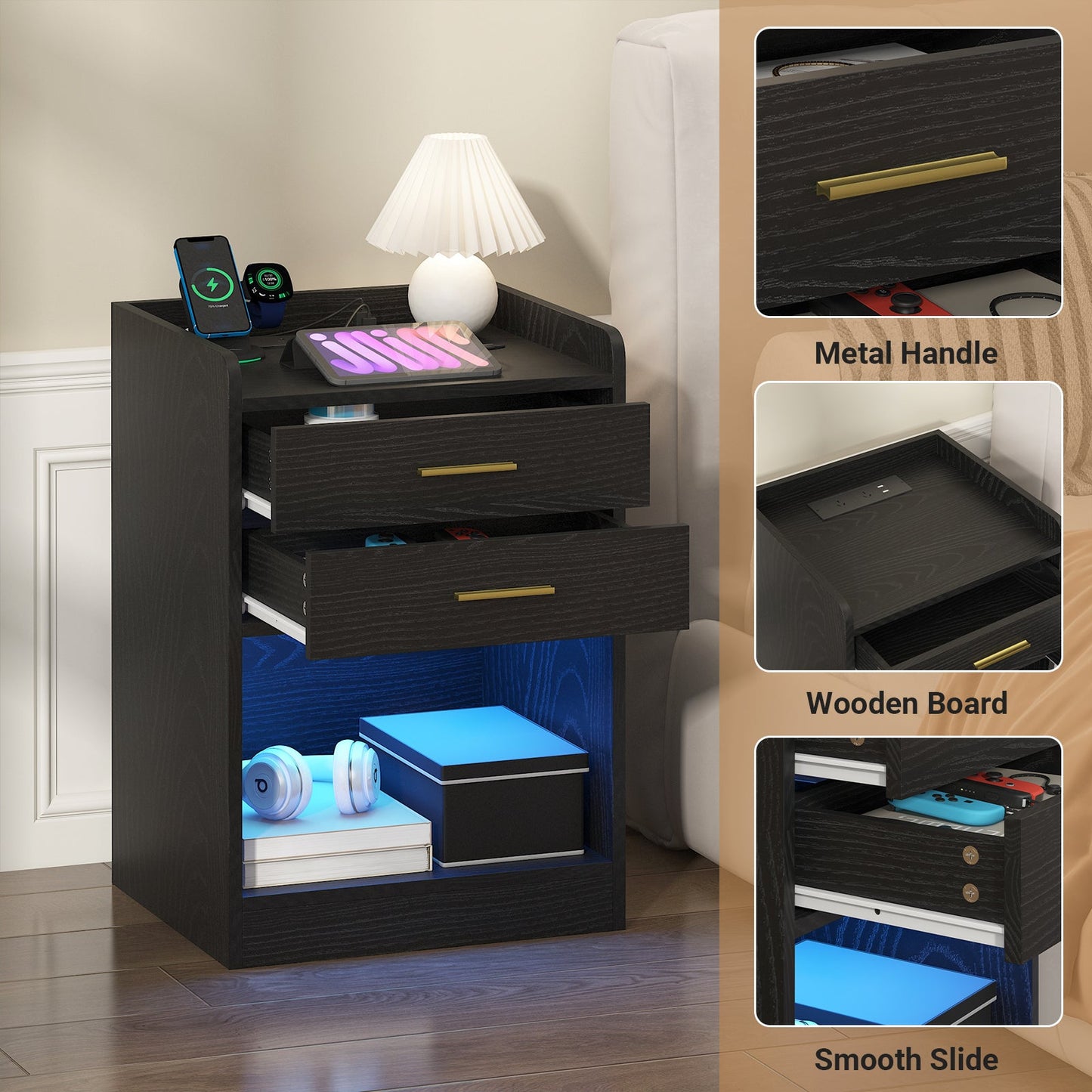Advwin LED Bedside Table with Charging Station Set of 2