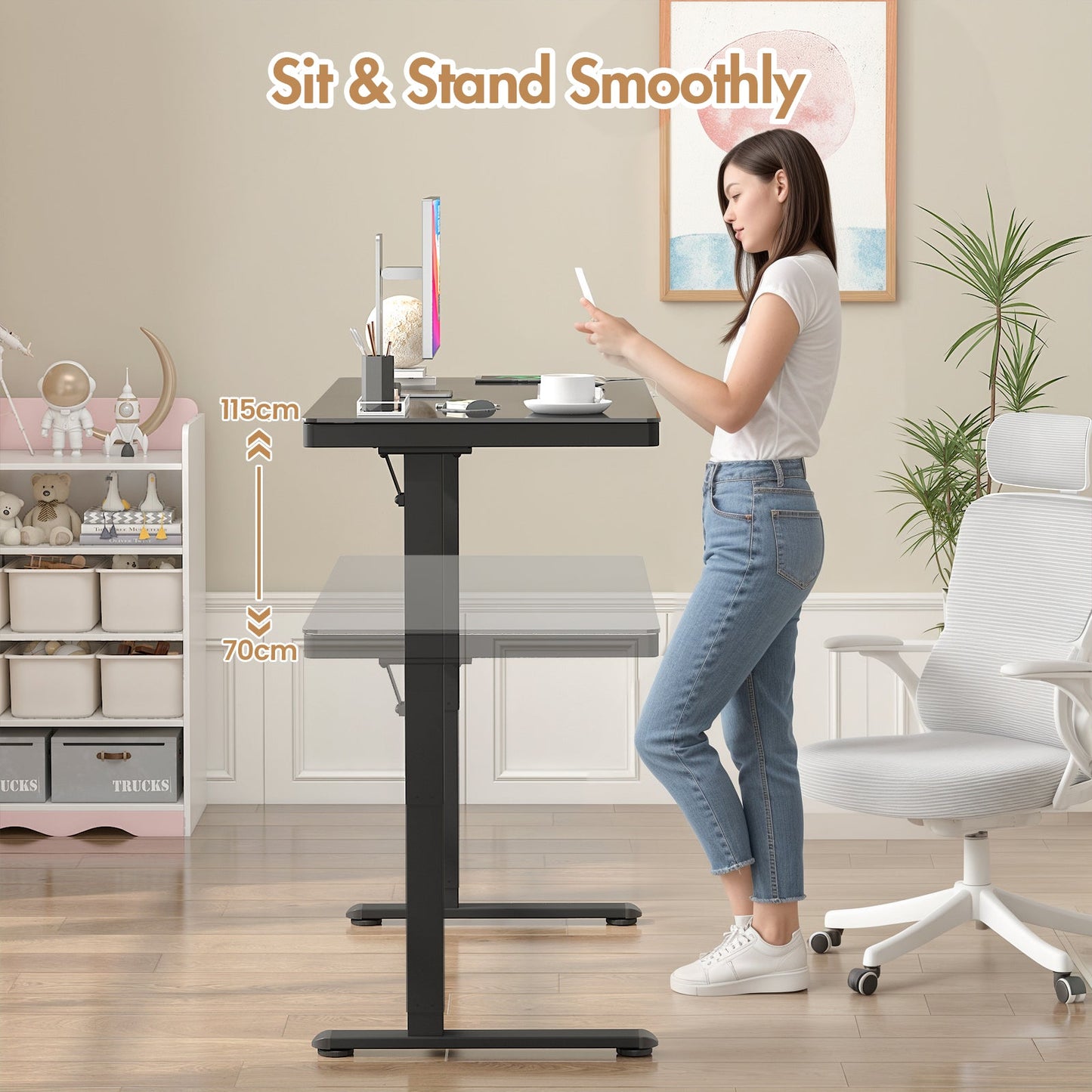 Advwin Electric Standing Desk with Drawer Glass Desktop
