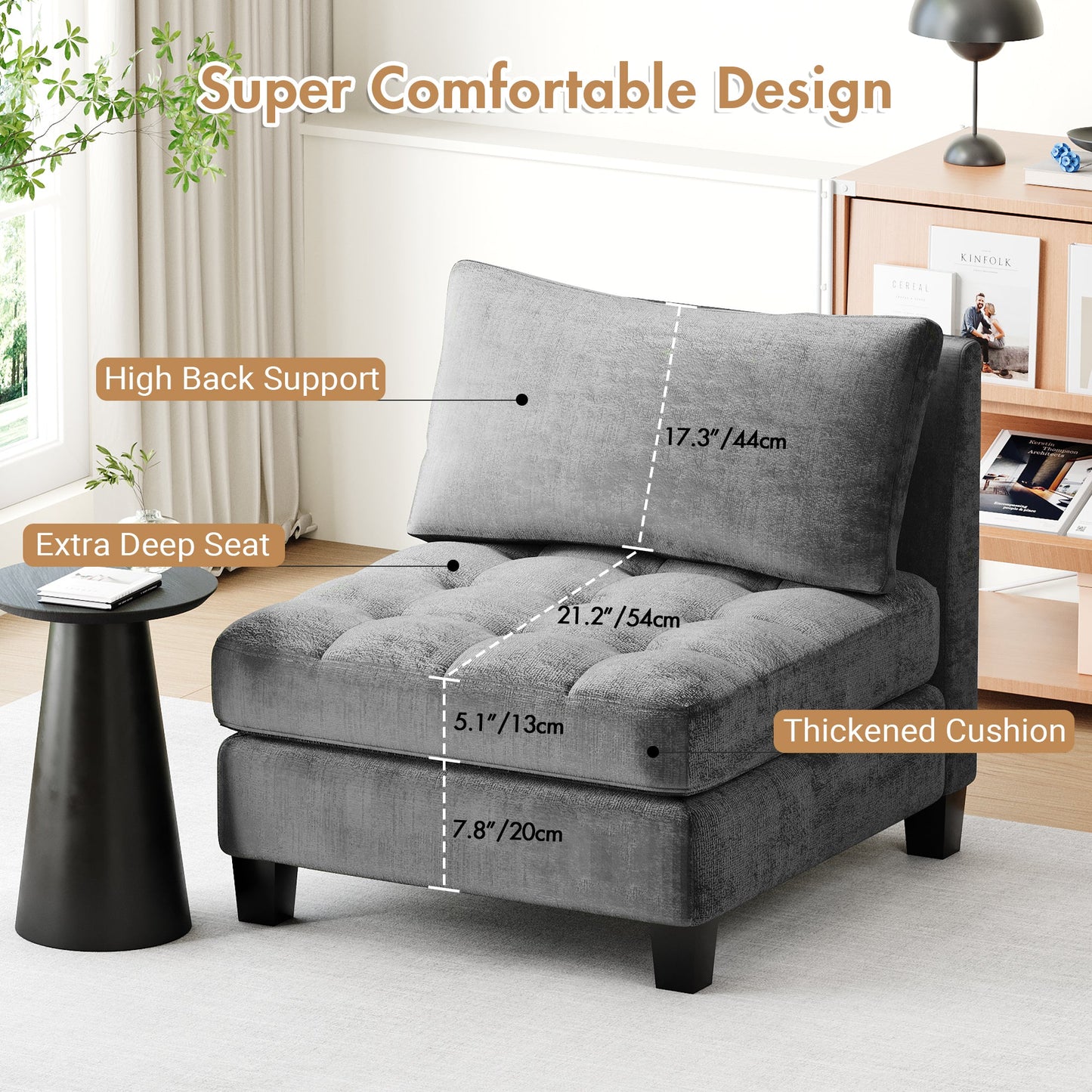 Advwin Modern Armless Chenille Lounge Sofa Chair Grey