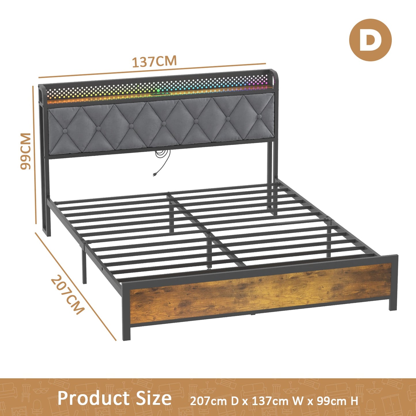 Advwin RGB LED Lights Bed Frame w/Charging Station