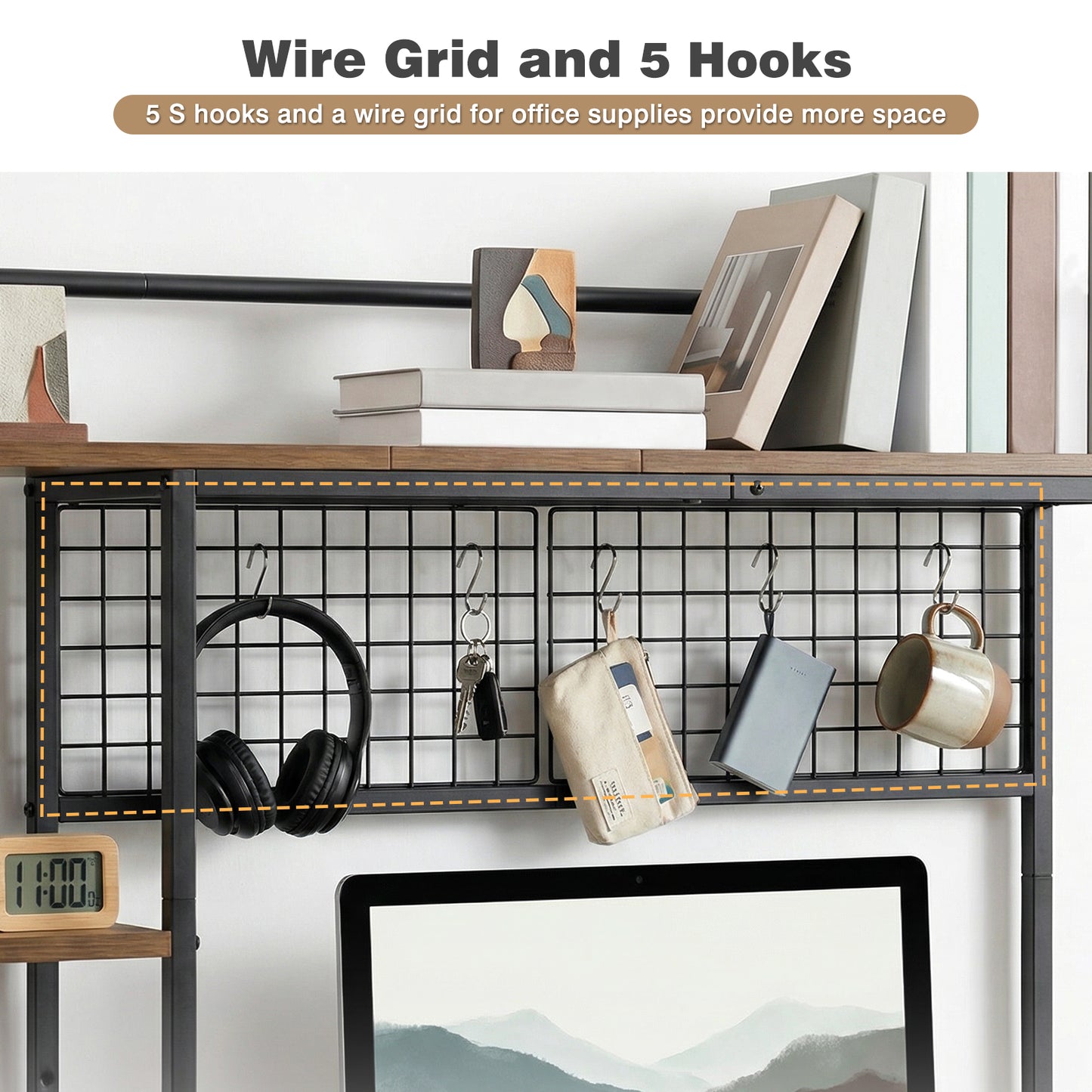 Advwin 3-Tier Desktop Organizer with Hooks Rustic Brown