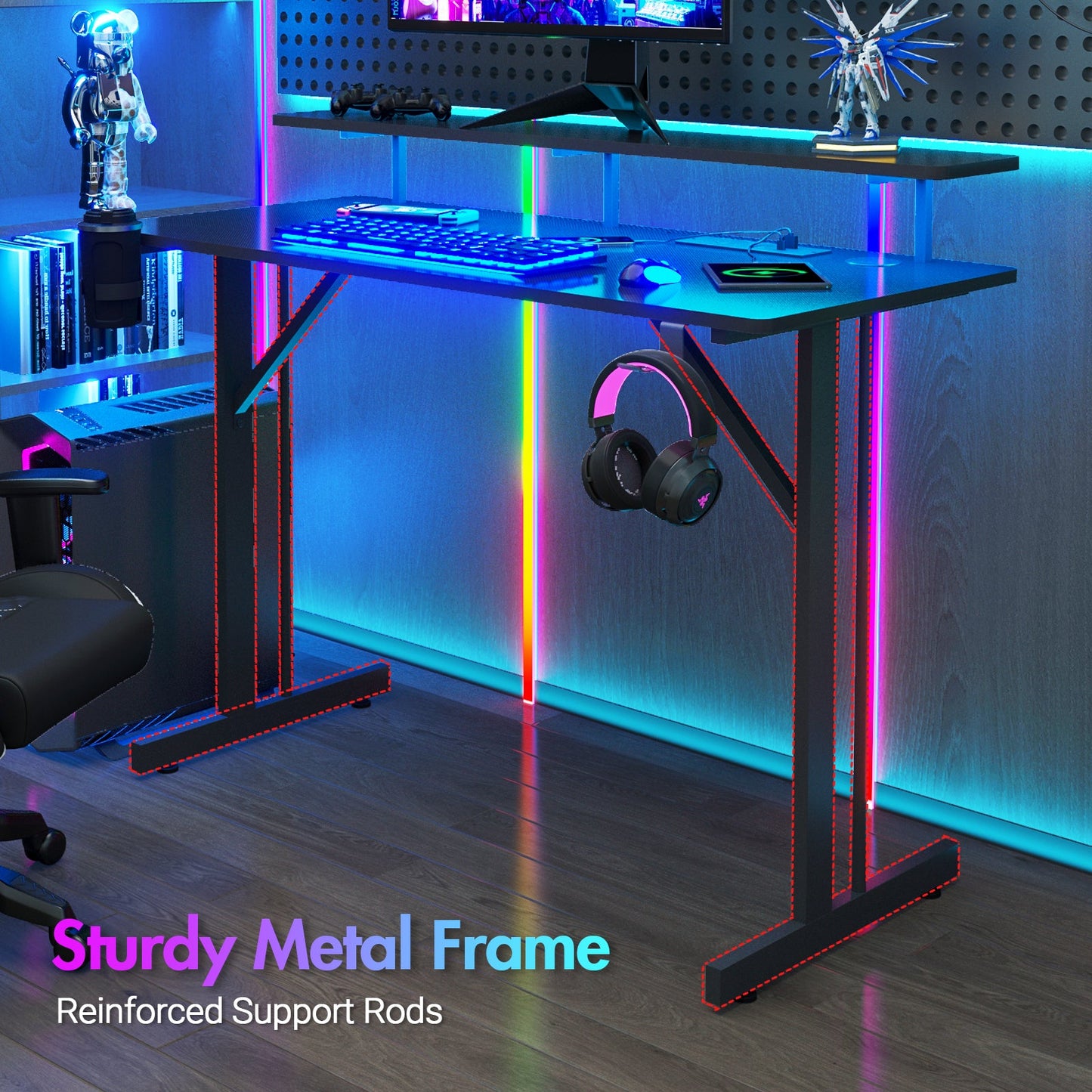 Advwin Gaming Desk with LED Lights & Power Outlets