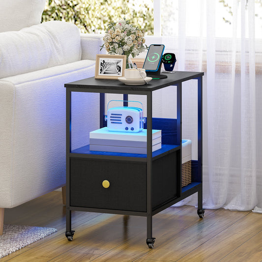 Advwin LED Side Table w/ Power Outlets & Wheels