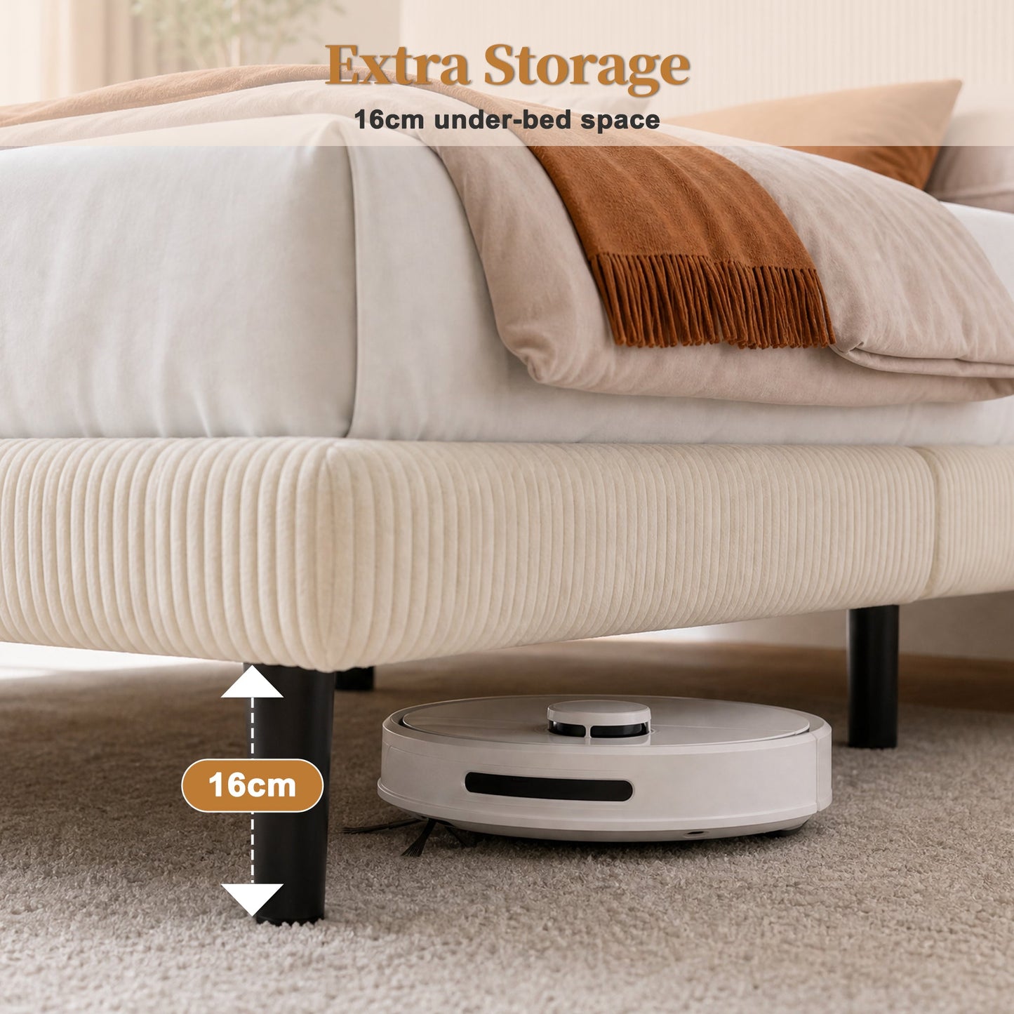 Advwin Upholstered Bed w/ Adjustable Headboard Beige