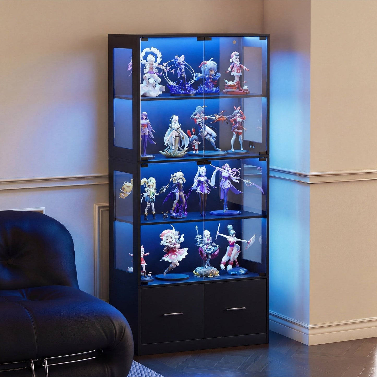 Advwin 4 Tier Glass Display Cabinet LED Storage Bookshelf