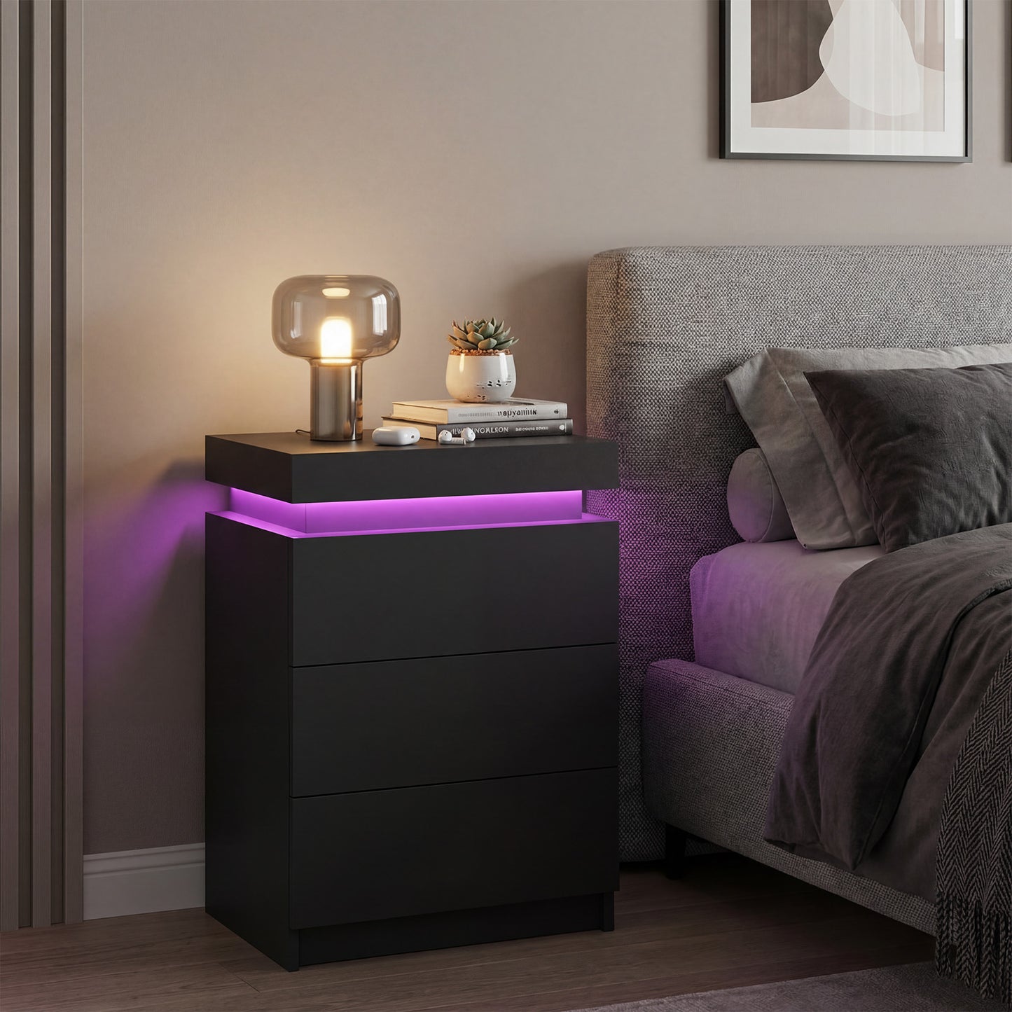 Advwin Bedside Table 3 Drawers With LED Light