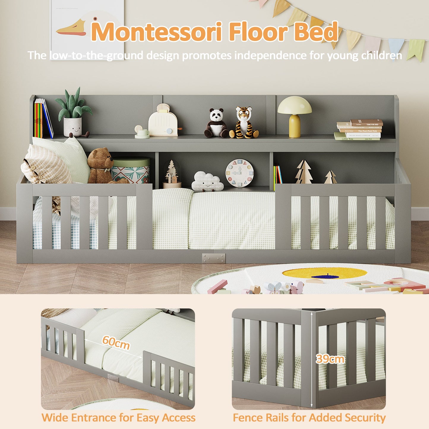 Advwin Wood Kids Bed Frame with bookcase