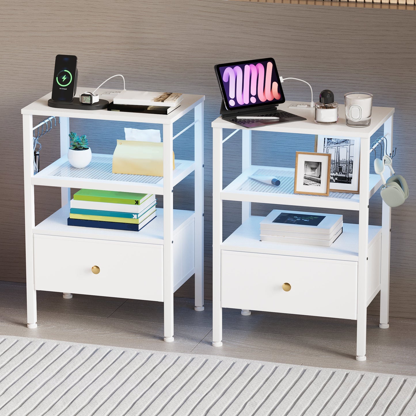 Advwin LED Bedside Tables with Fabric Drawer Set of 2