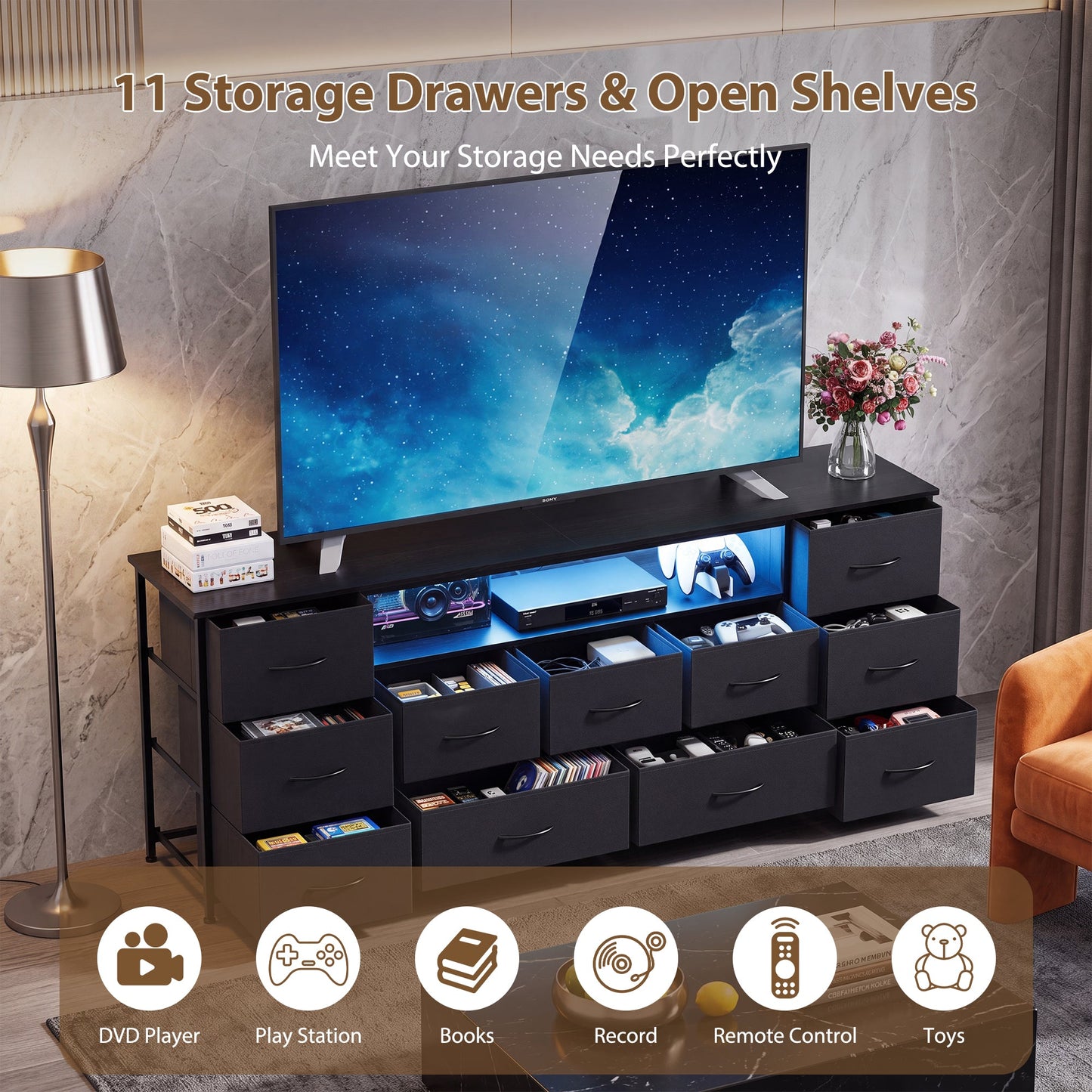 Advwin 160cm TV Stand with 11 Drawers & LED Lights