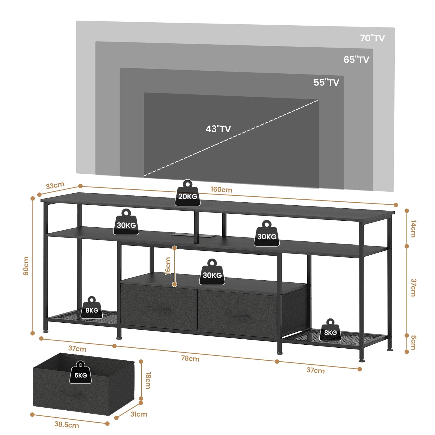 Advwin 160cm TV unit Cabinet with RGB LED Light and Drawers