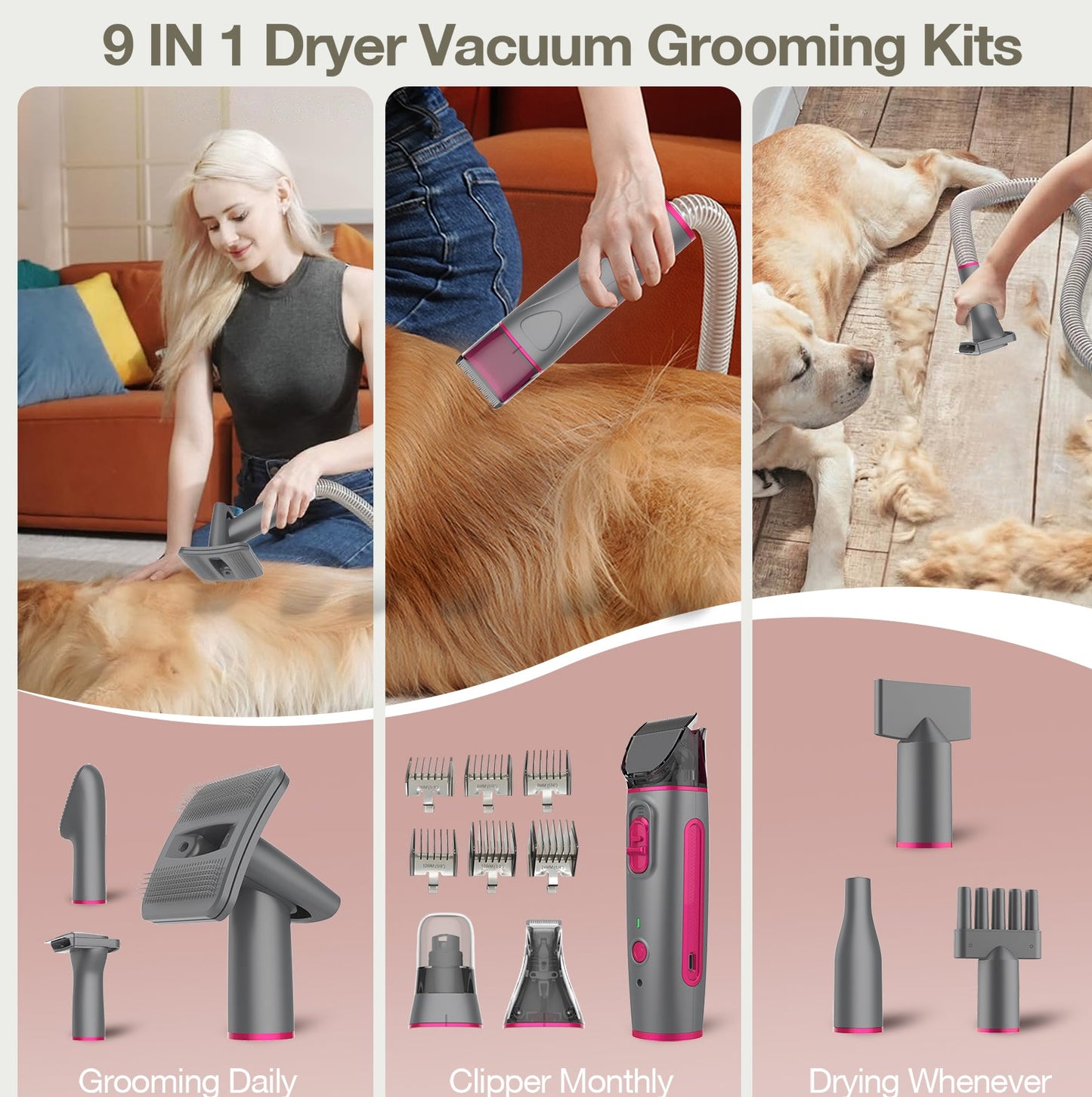 Advwin 9-in-1 Pet Grooming Vacuum Kit & Hair Dryer