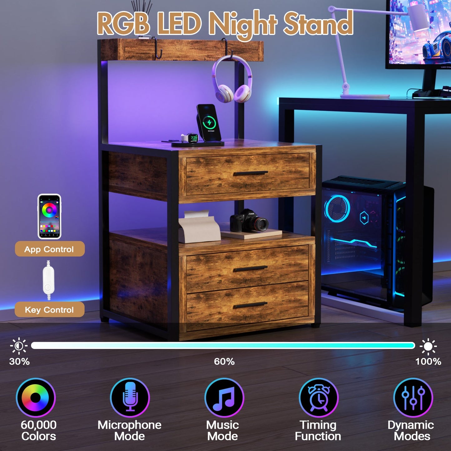 Advwin Bedside Table with Charging Station