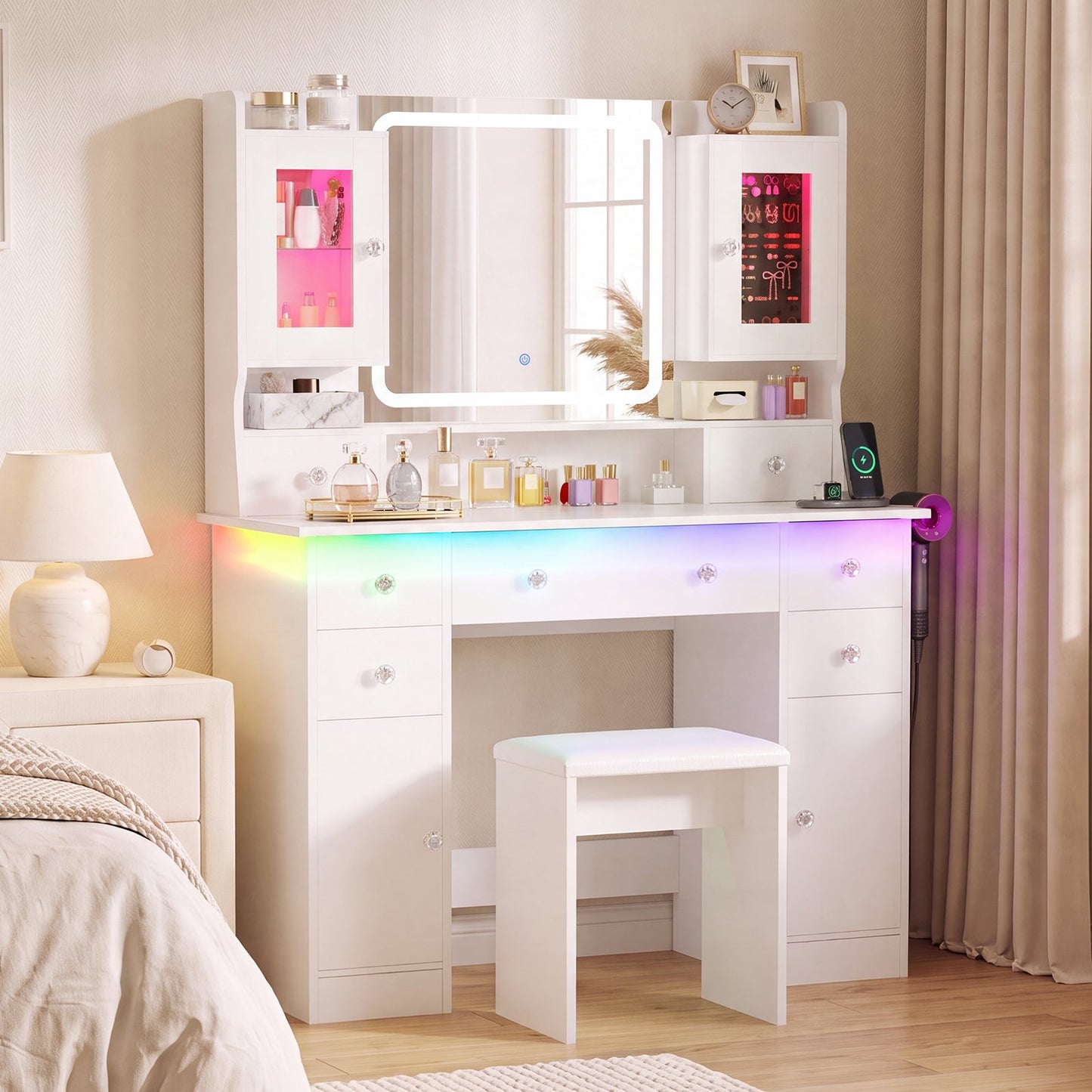 Advwin Dressing Table with RGB Light & Jewelry Cabinet