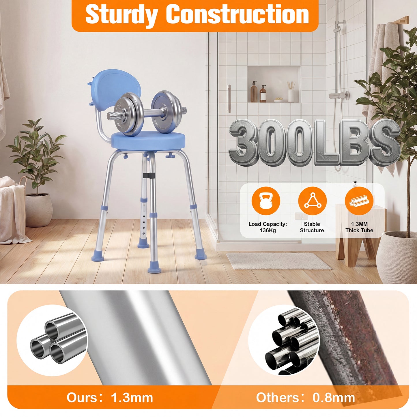 Advwin Adjustable 360° Swivel Shower Chair for Seniors