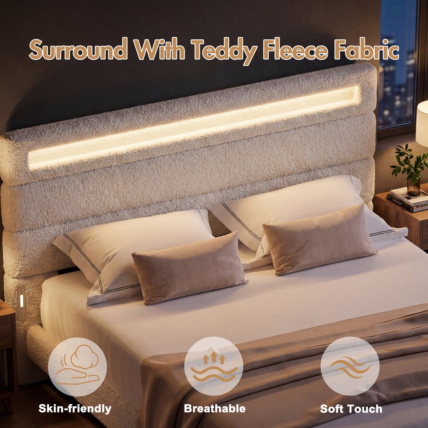 Advwin Cloud Bed Frame with LED Light Charging Ports