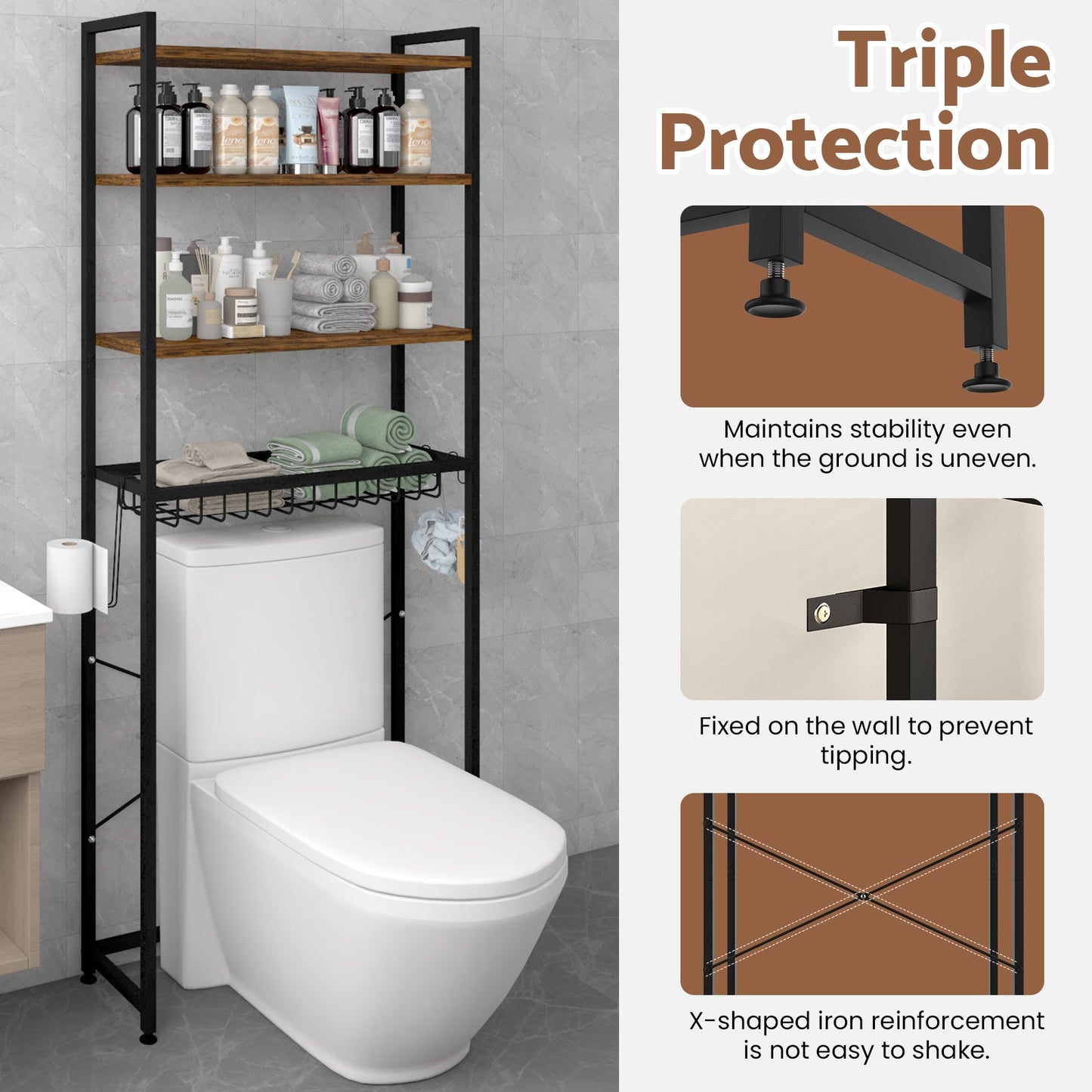 Advwin 4 Tier Over The Toilet Storage Rack Walnut