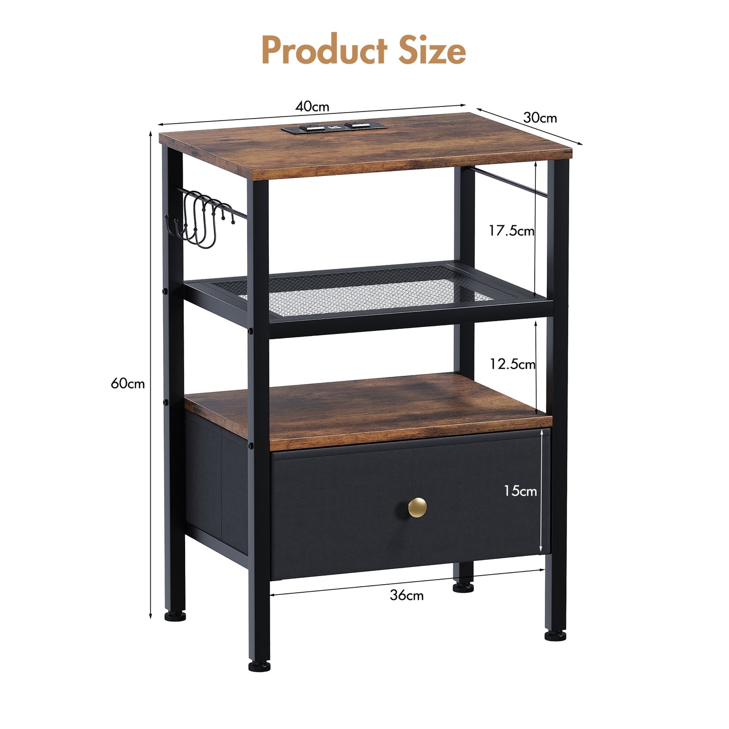 Advwin 3-Tier Bedside Table with Fabric Drawer and Lights