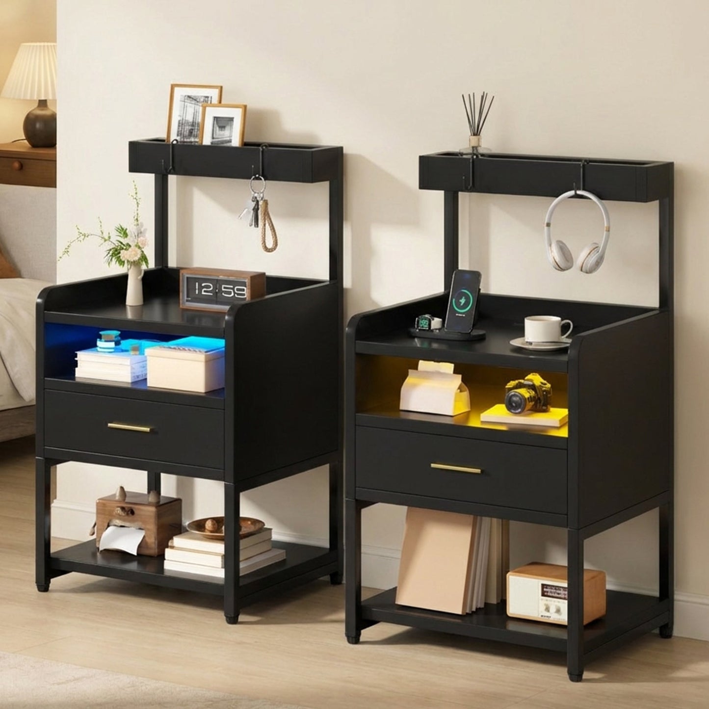 Advwin Bedside Table with Charging Station LED Lights Set of 2