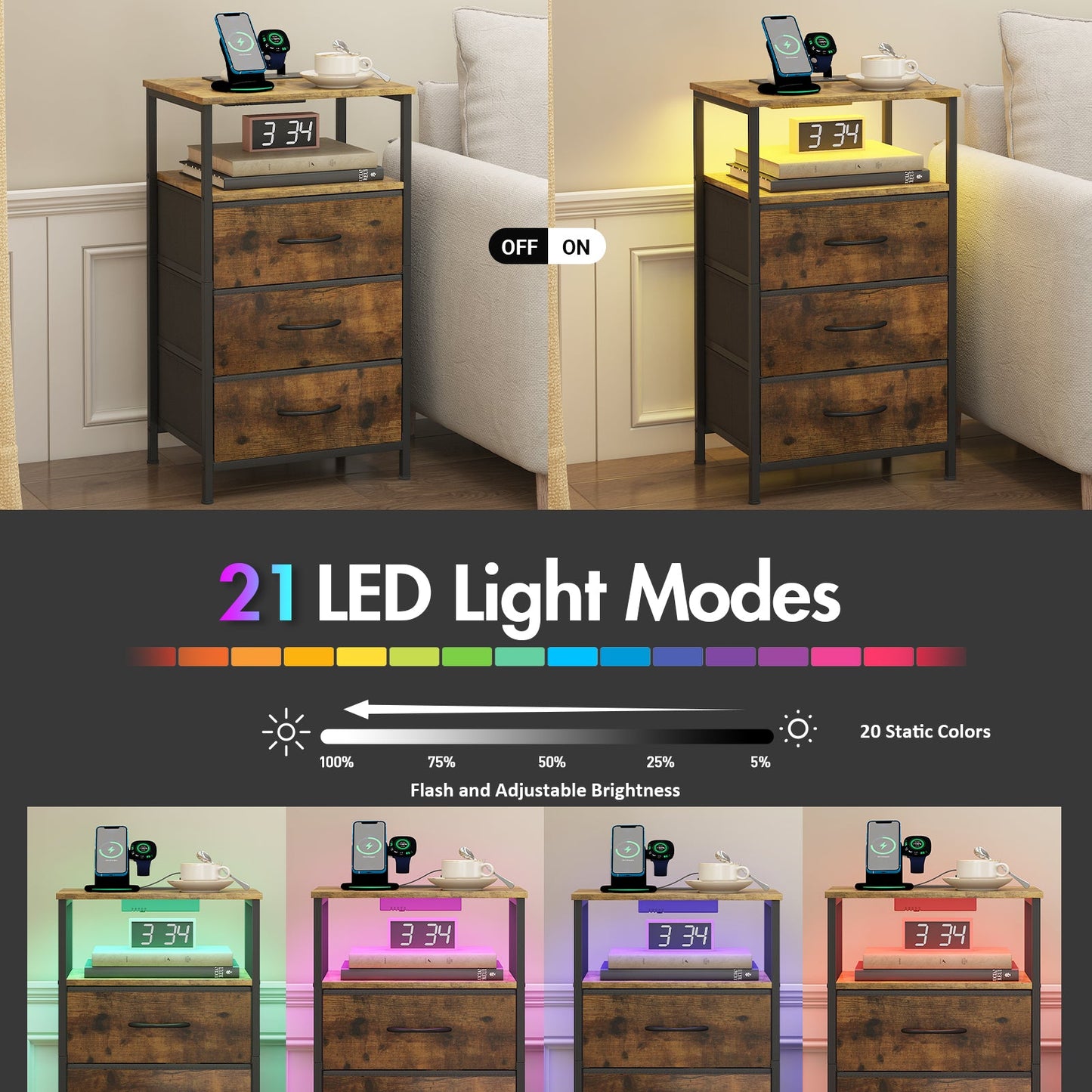 Advwin LED Bedside Table With Charging Station