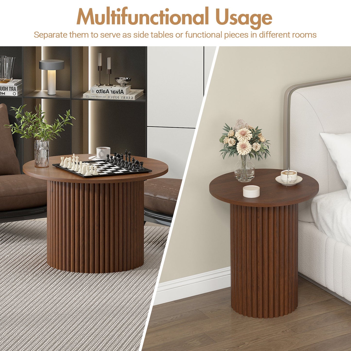 Advwin 2x Nesting Coffee Tables Fluted Walnut Round