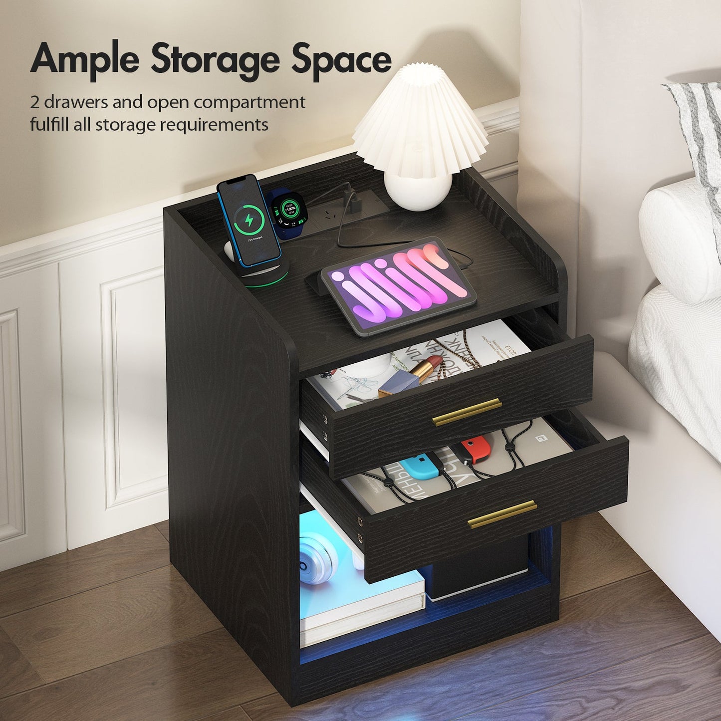 Advwin LED Bedside Table with Charging Station Set of 2
