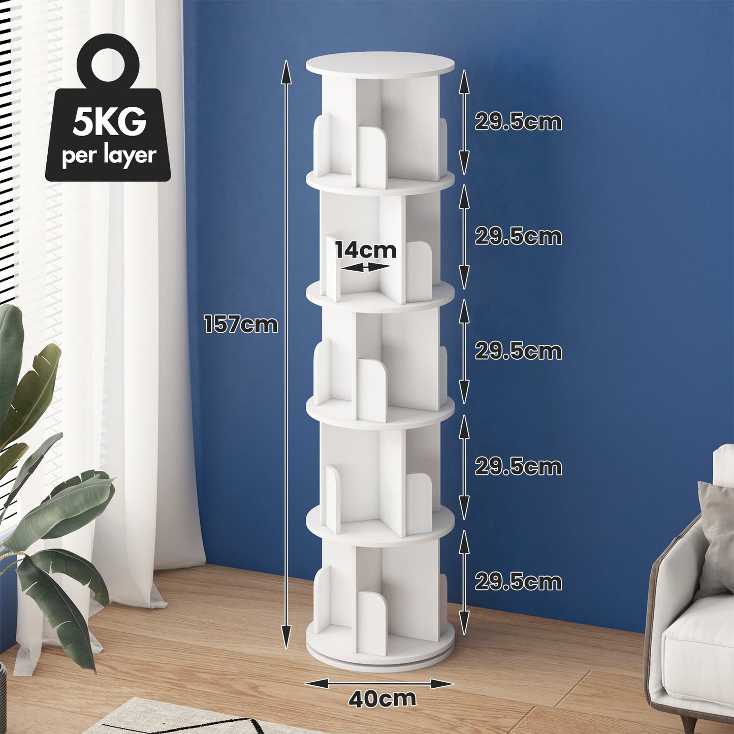 Advwin 5-Tier 360° Rotating Corner Bookshelf White