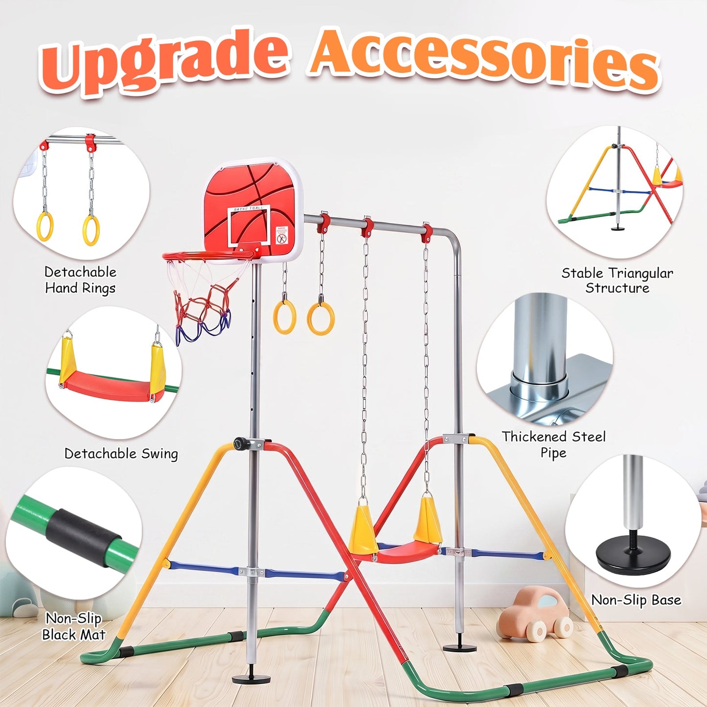 Advwin Kids Foldable Gymnastics Bar with Basketball Hoop & Swing