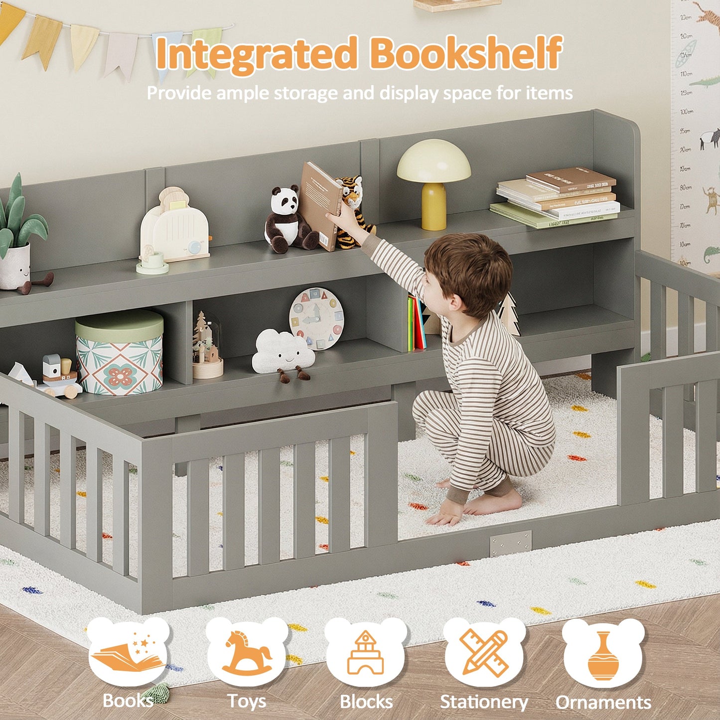 Advwin Wood Kids Bed Frame with bookcase
