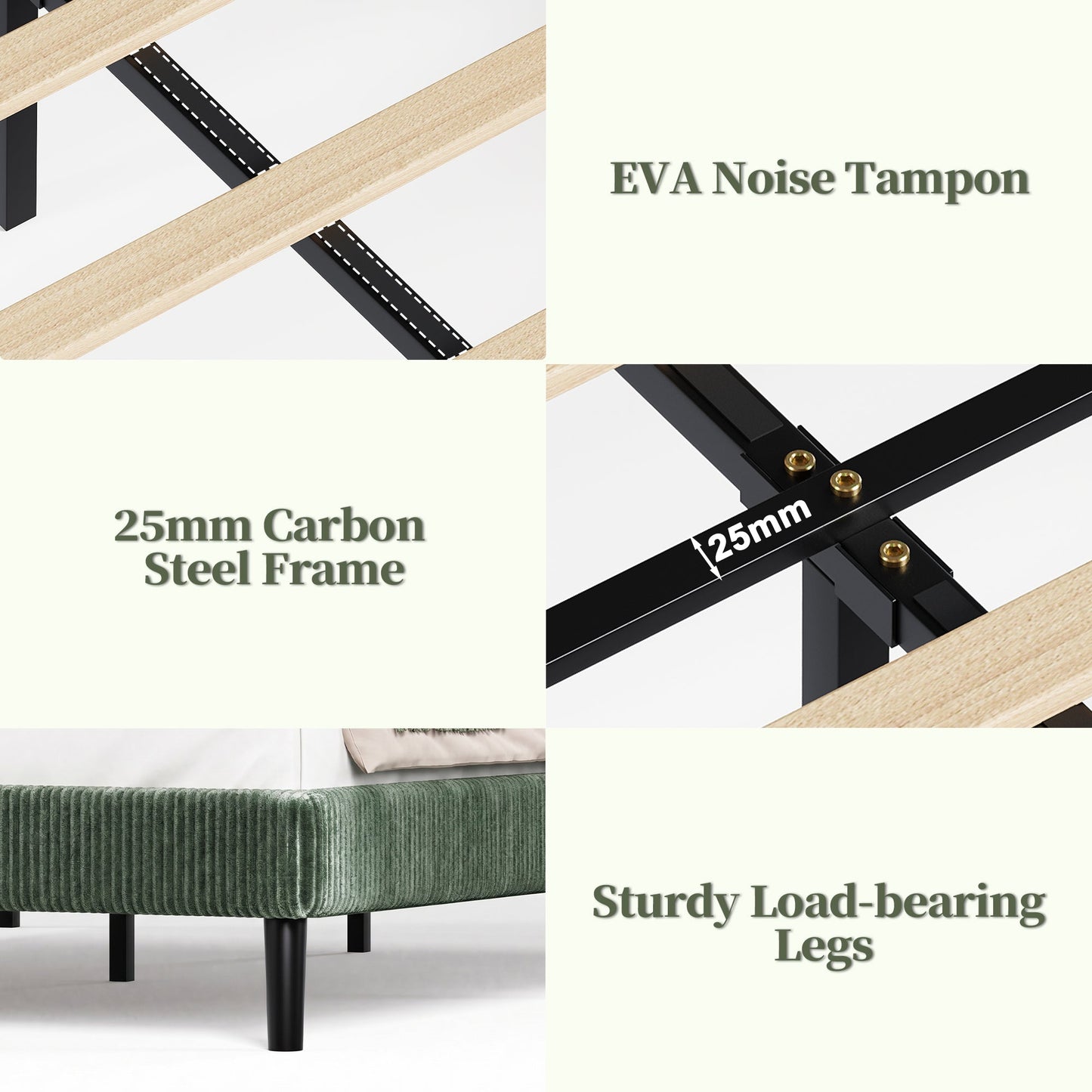 Advwin Upholstered Bed w/ Adjustable Headboard Green