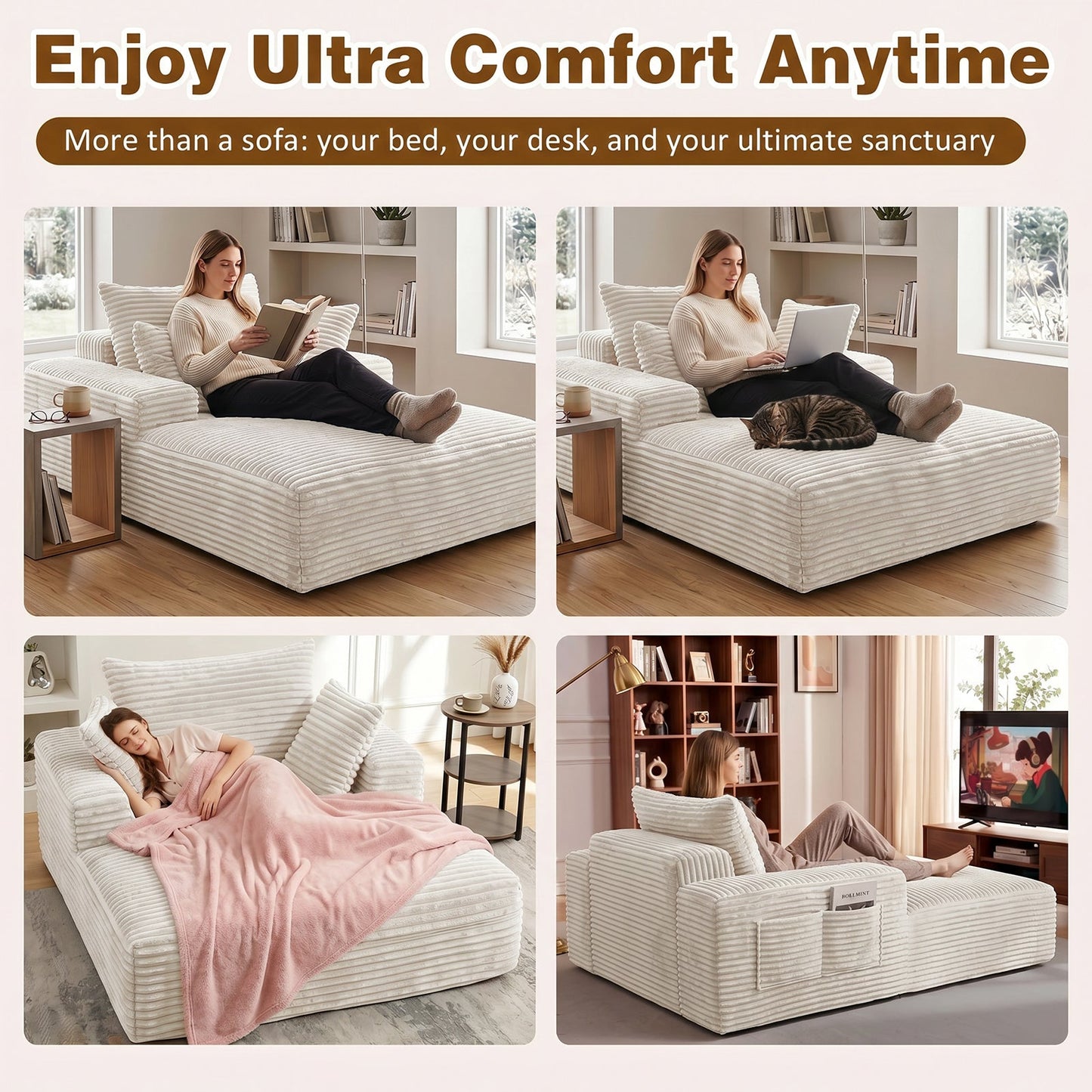 Advwin 132cm Corduroy Chaise Lounge Chair with Cushion
