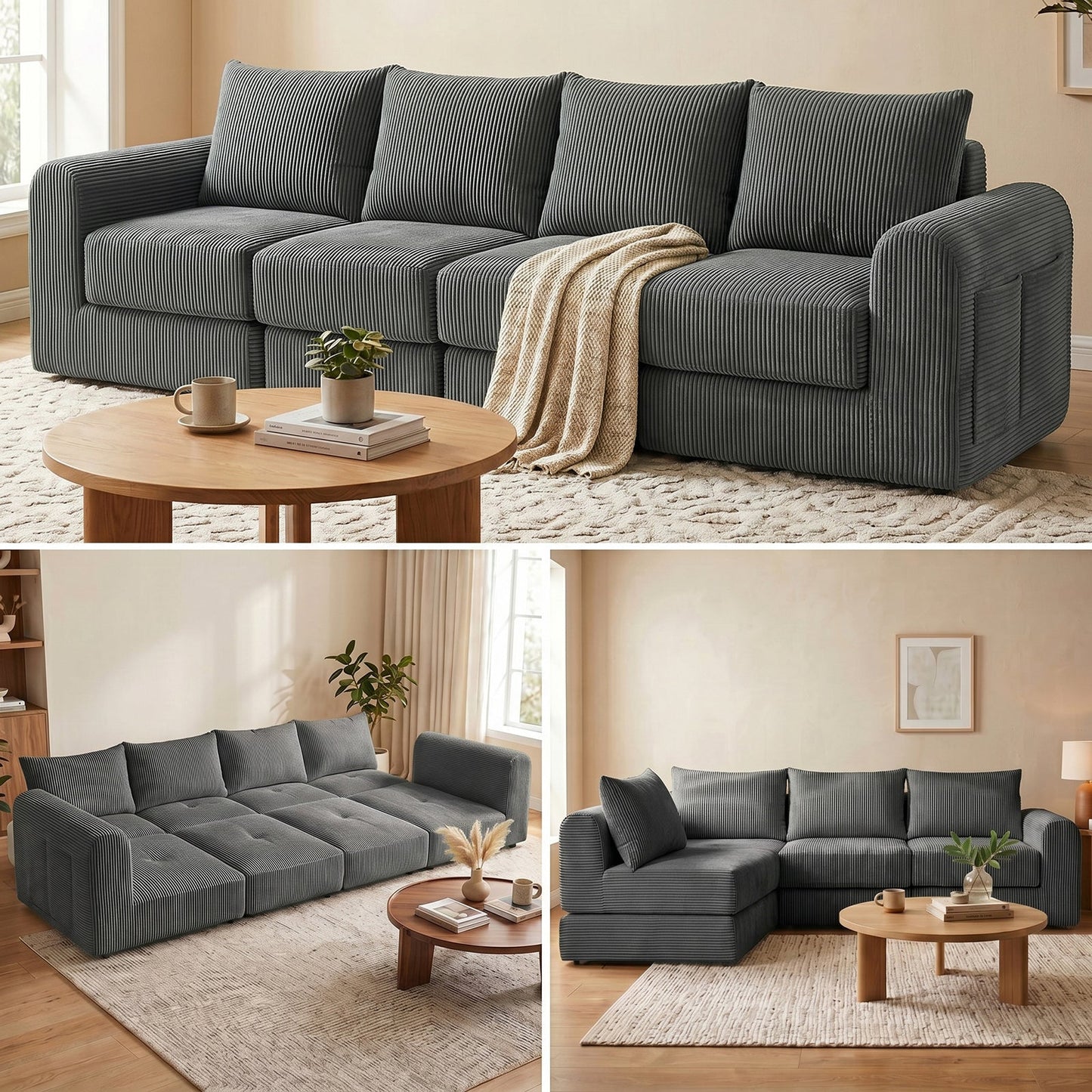 Advwin 300cm Corduroy 4-Seater Modular Sofa Bed