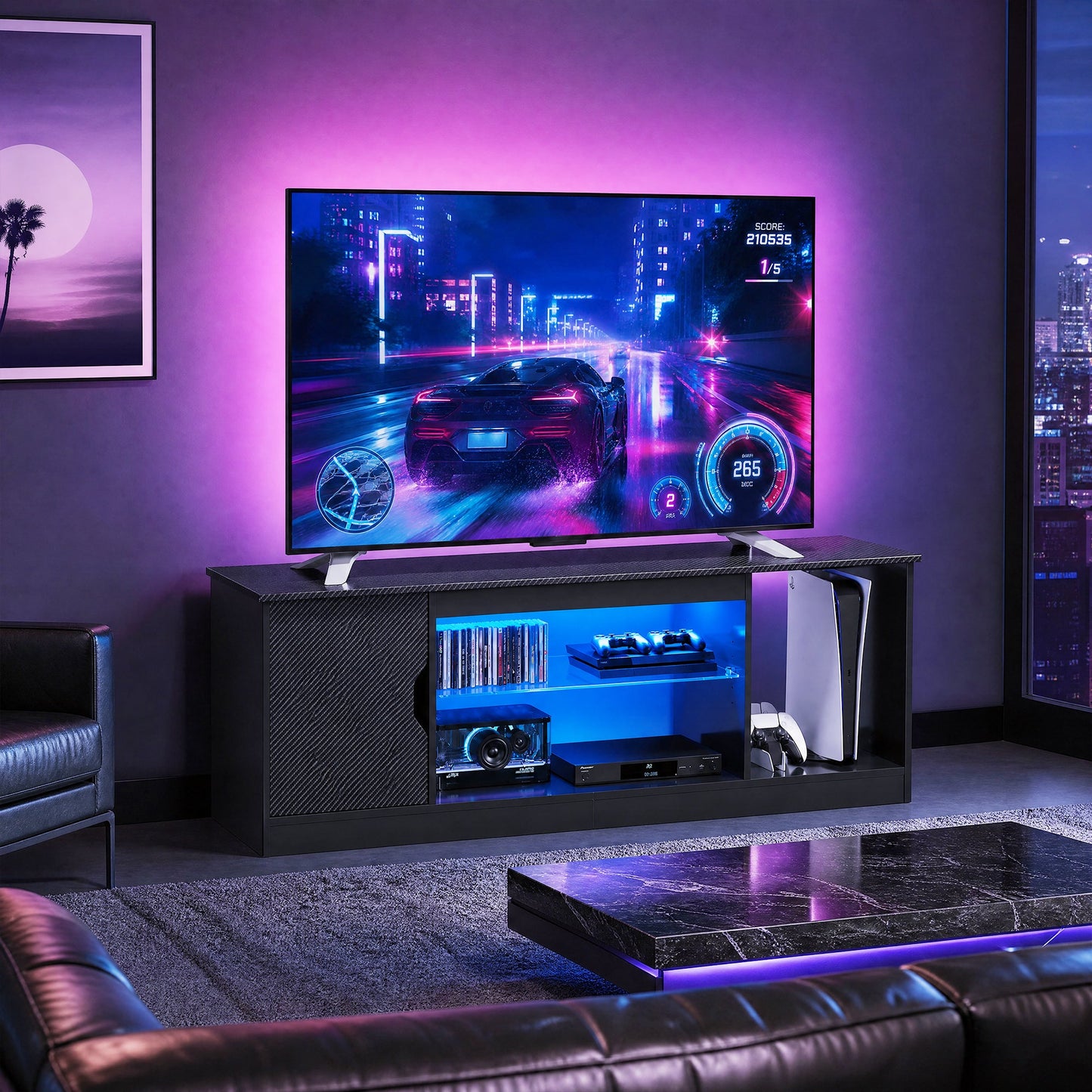 Advwin 145cm LED TV Unit with Adjustable Glass Shelves