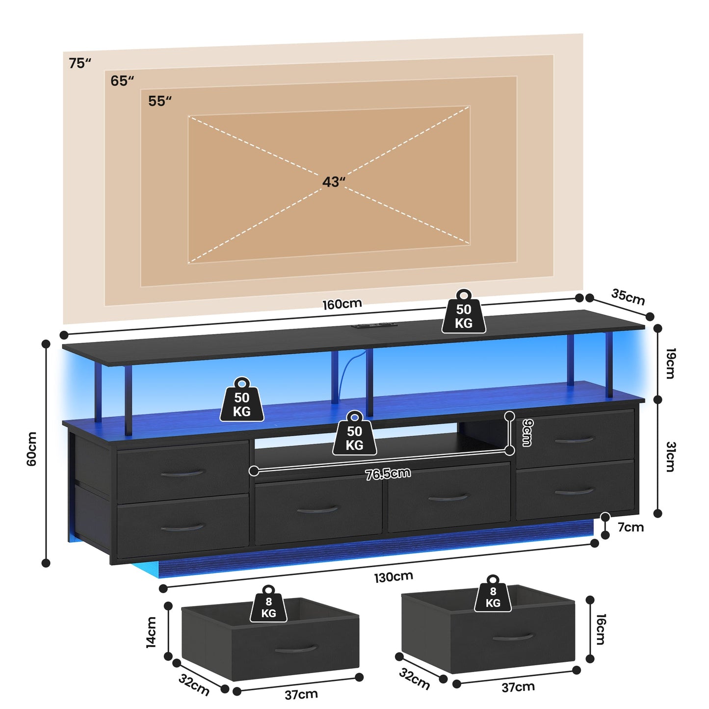 Advwin 160cm TV Unit Cabinet with Open Shelf & LED Lights