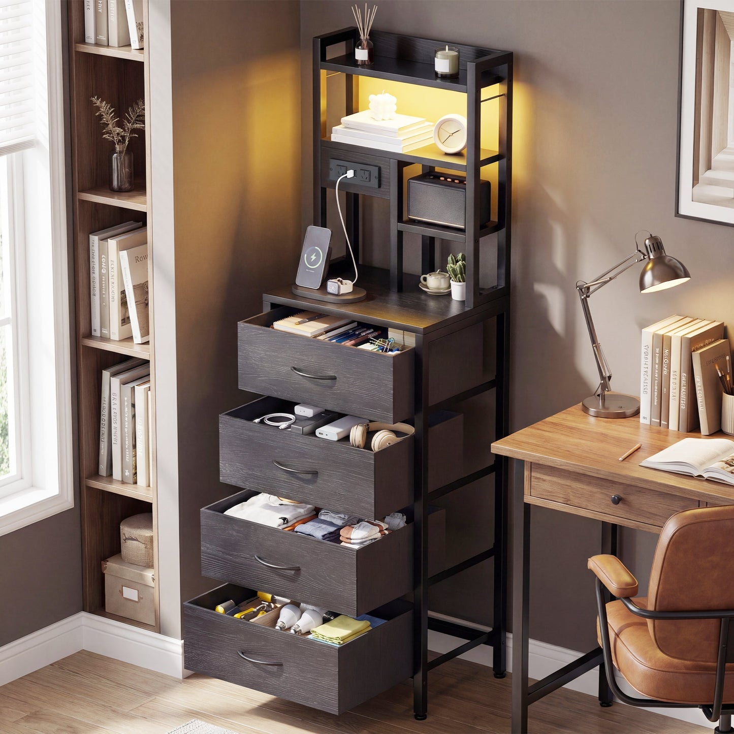 Advwin Tall Bedside Table with Charging Station