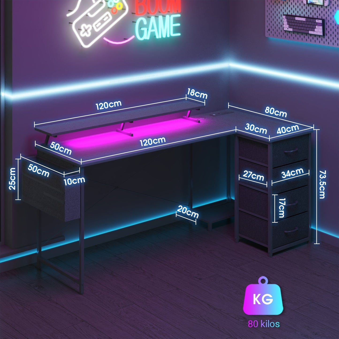 Advwin L Shaped Gaming Desk with LED Lights Black