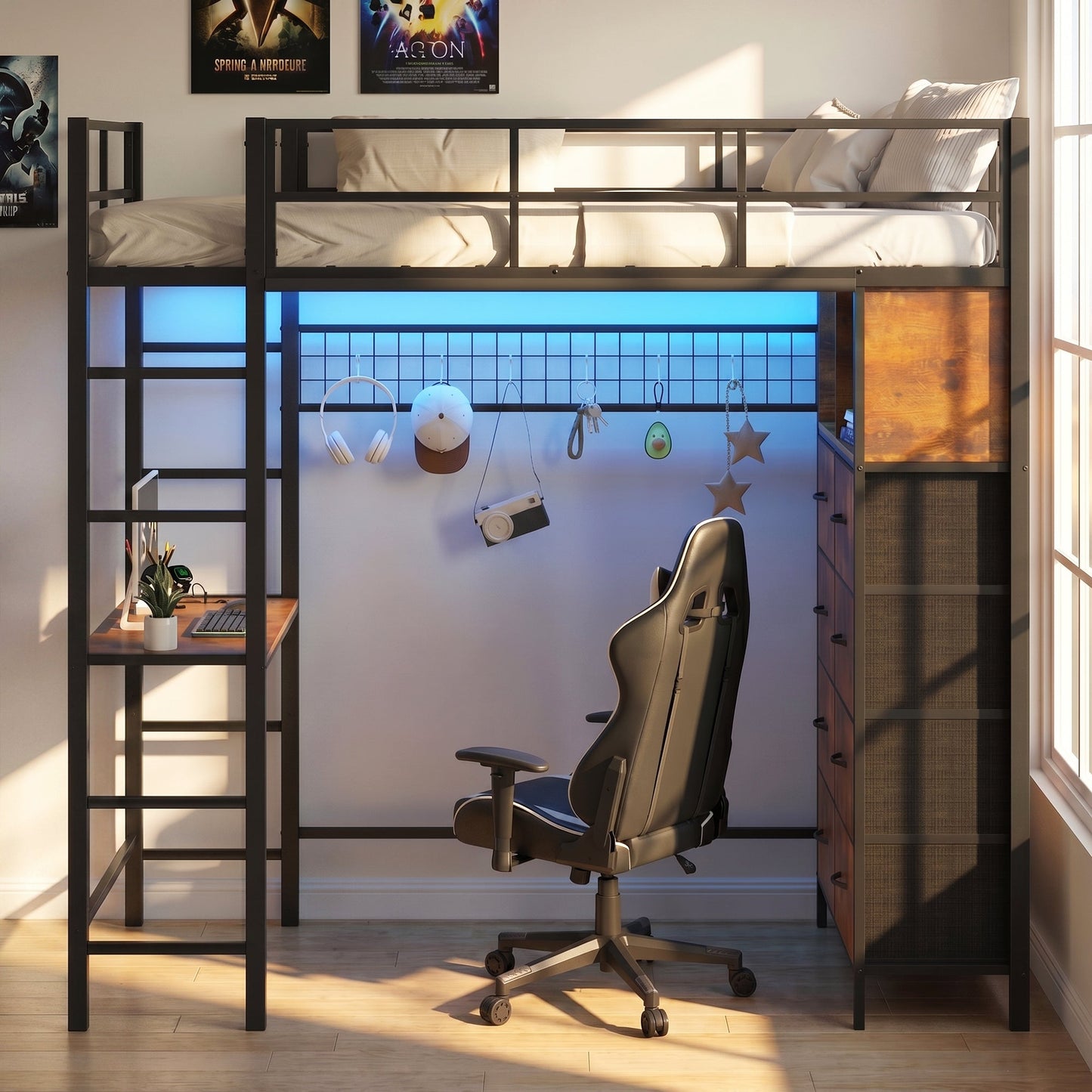 Advwin Metal Loft Bed Frame with LED & Desk