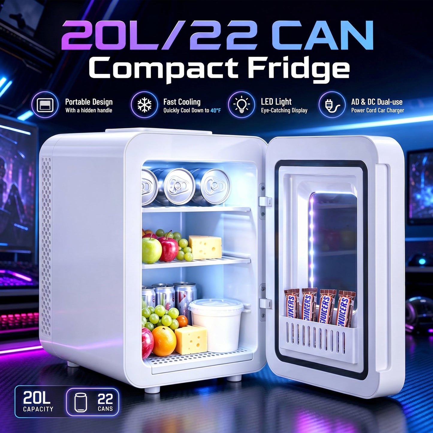 Advwin 20L Mini Fridge with LED Light for Bedroom