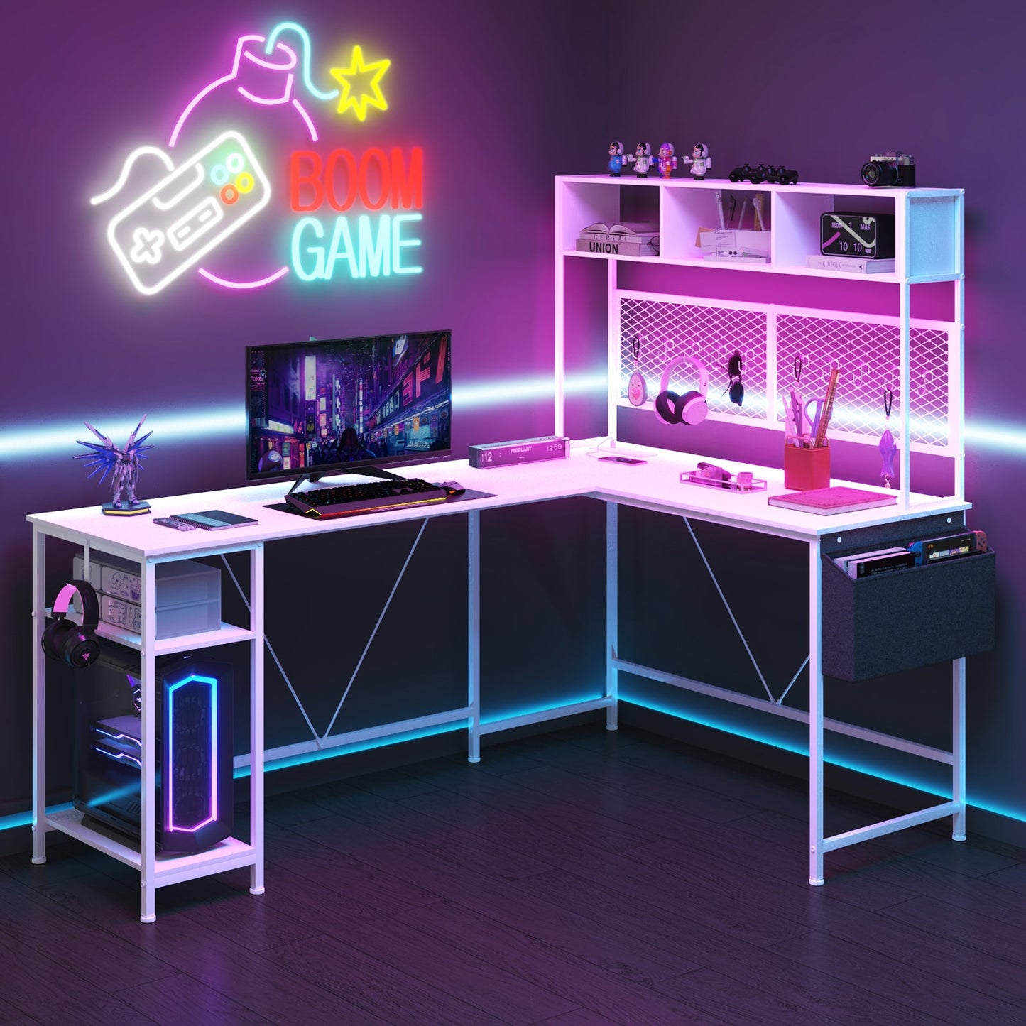 Advwin L Shaped Gaming Desk with LED Lights &  Storage Shelf