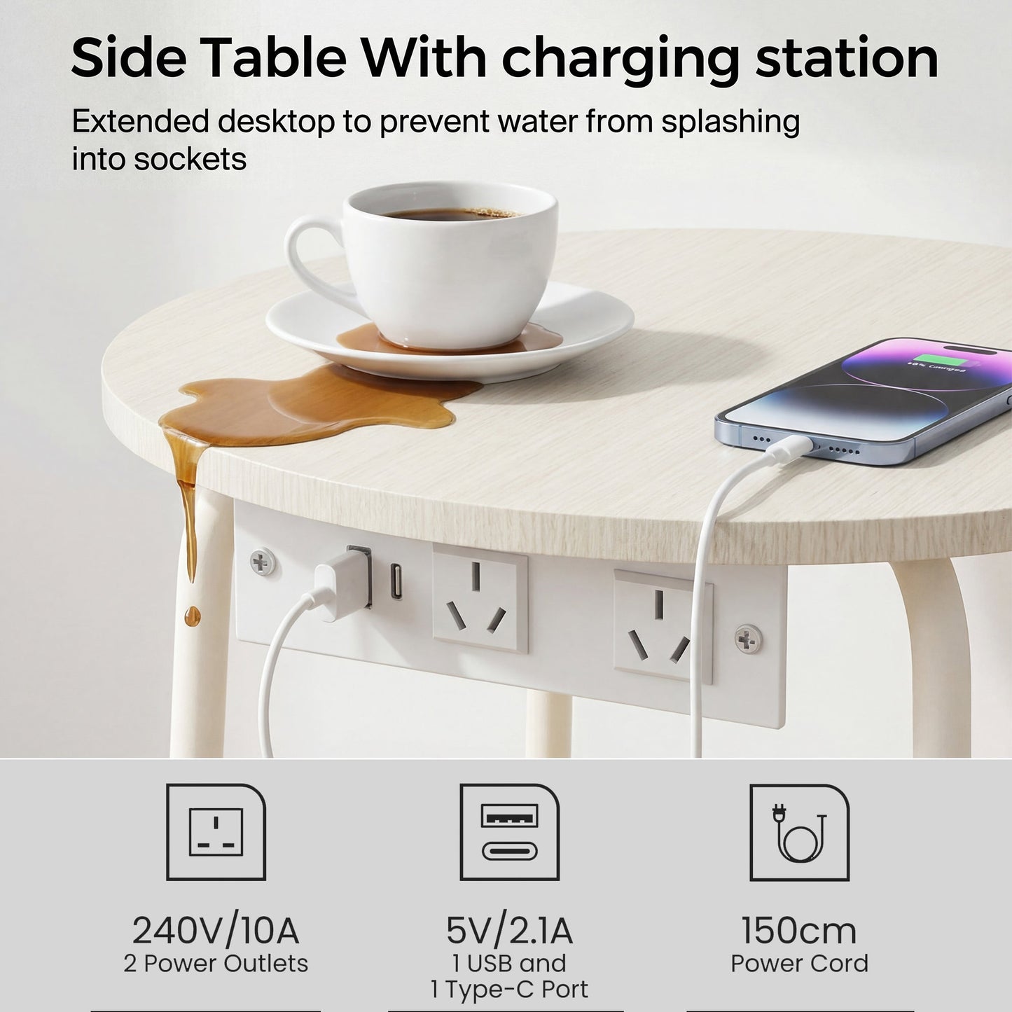 Advwin Small Round Side Table w/ Charging Station